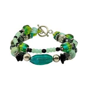 Artisan Y2K Bracelet Green Turquoise Beads, Lampwork Glass Silver, Double Strand